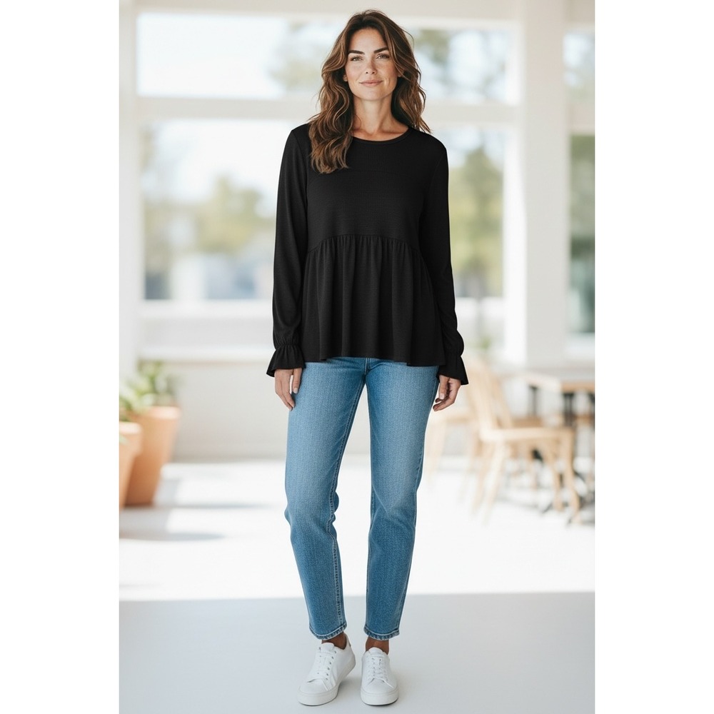 Easel Black Long Sleeve Babydoll Peasant Blouse Top Womens Drawstring‎ Sleeves